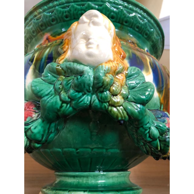 Green Vintage Neoclassical Glazed Ceramic Pedestal Jardiniere with Cherub Motif For Sale - Image 8 of 13