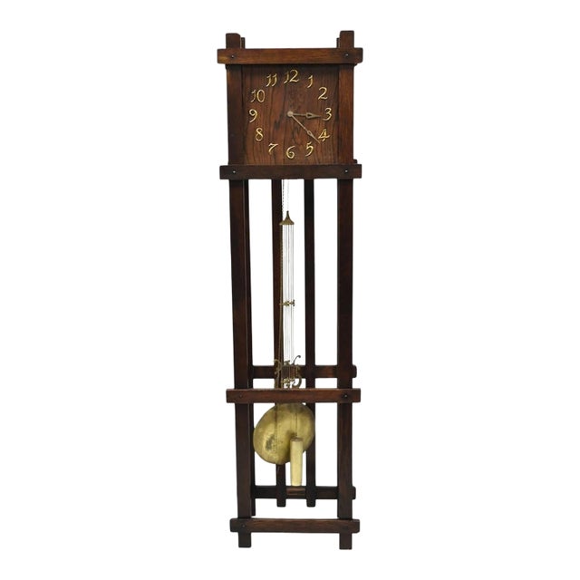 Antique Mission Arts and Crafts Oak Wood Tall Case Grandfather Clock For Sale