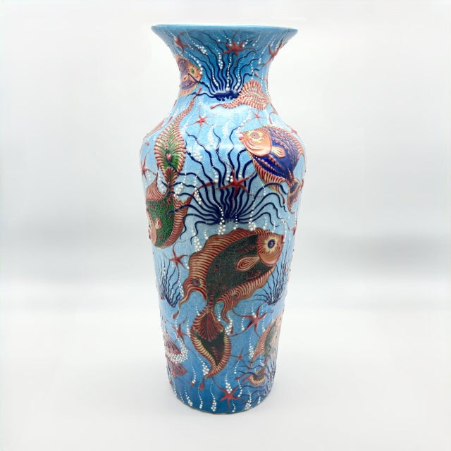 Handmade Ceramic Grand Column Vase (50cm) Embossed Aegean Aquarium & Coral Reef Floor Vase For Sale - Image 9 of 10