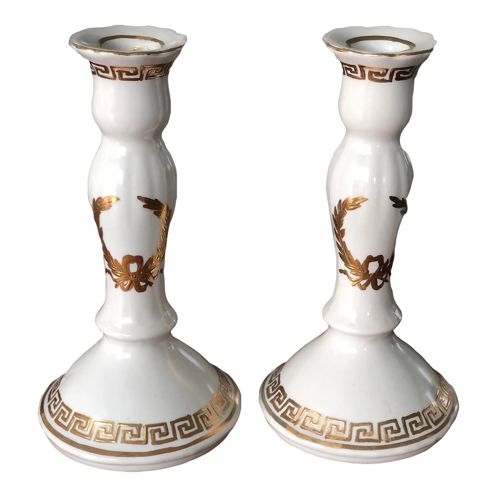 Vintage Ceramic Candle Holders in White & Gold by ToyoA Pair Chairish