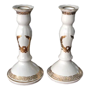 Vintage Ceramic Candle Holders in White With Gold Detail-a Pair