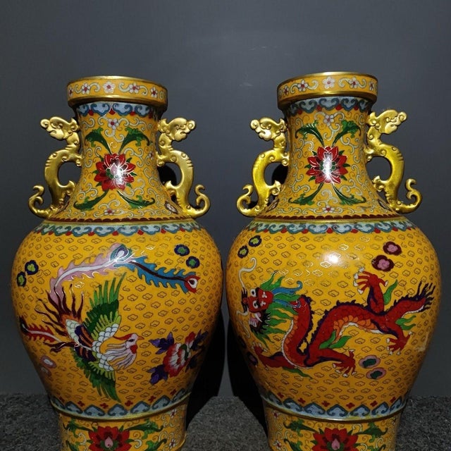 Metal Pair of Monumental Chinese Yellow Cloisonné Dragon & Phoenix Vases - 24.7 LBS Total For Sale - Image 7 of 10