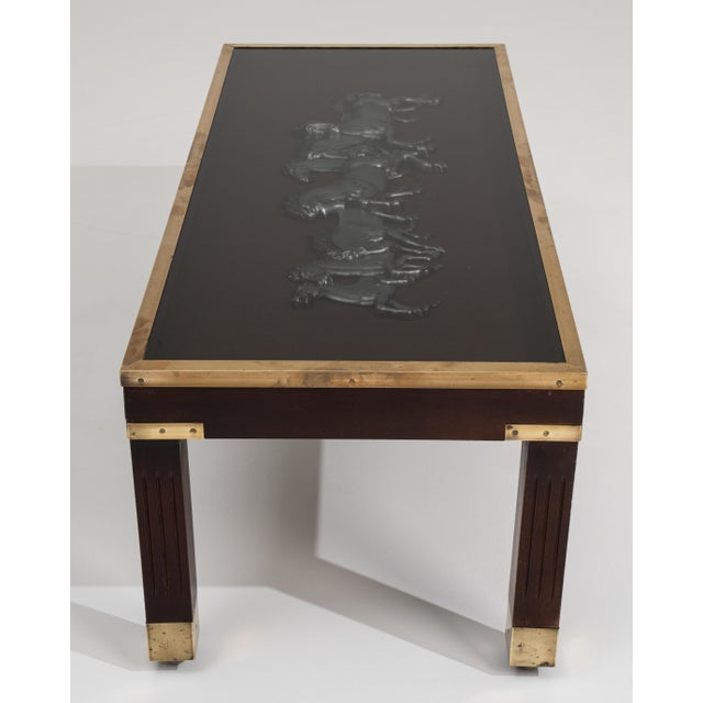 Mid-Century Modern 1960s Wood & Brass Coffee Table With Glass Covered Relief Of Galloping Horses For Sale - Image 3 of 13