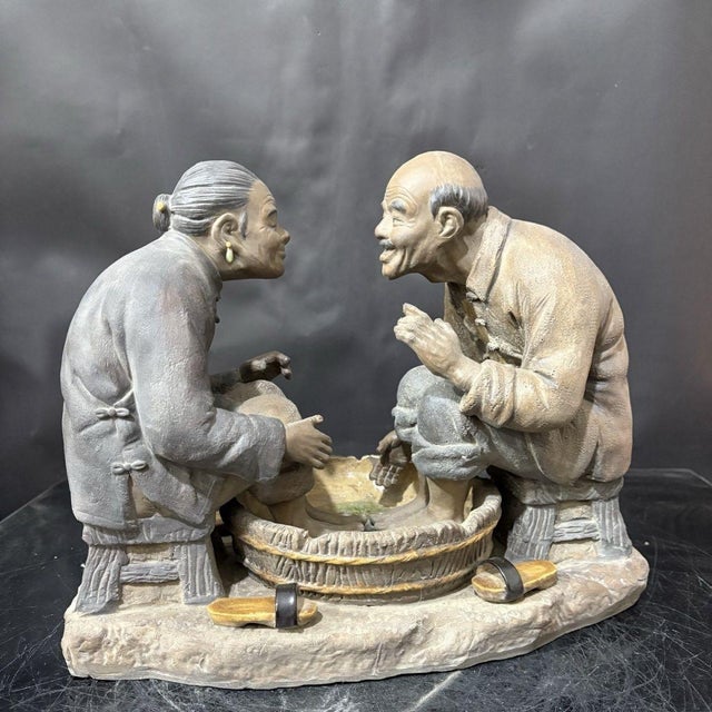 Asian Vintage Shiwan Ware "Shared Joy" Figurine | Handmade Ceramic Elderly Couple Sculpture | 13" Wide For Sale - Image 3 of 9