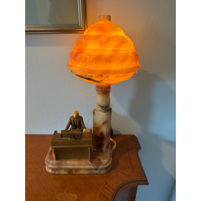 Antique Art Deco Alabaster Beehive Lamp With Spelter Pianist Figure For Sale - Image 9 of 10
