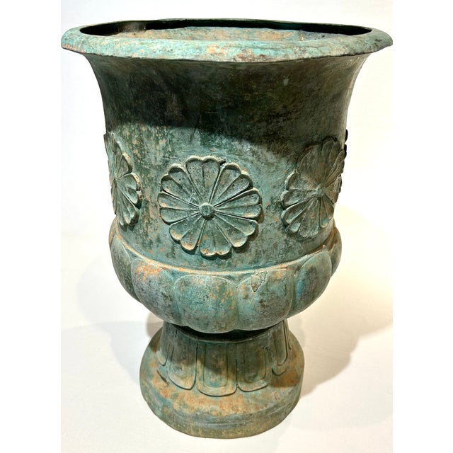 Large Vintage c.1996 Verdigris Patina Brass Flower Motif Urn For Sale - Image 4 of 5