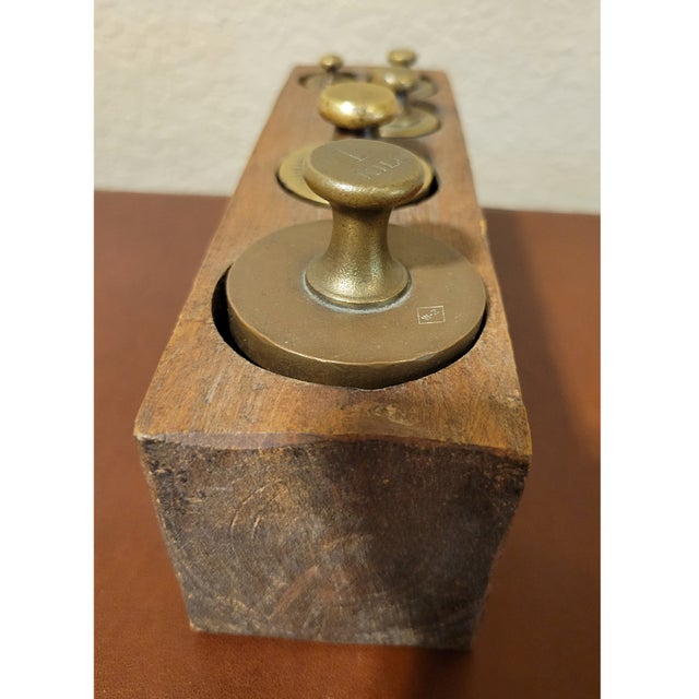 Brass Antique Five Brass Scale Weights in Wooden Holder For Sale - Image 8 of 8