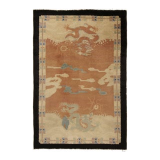 Antique Chinese Art Deco Dragon Rug in Terracotta and Beige Pictorials For Sale