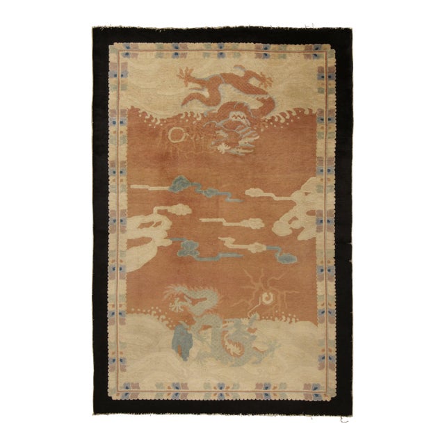 Antique Chinese Art Deco Dragon Rug in Terracotta and Beige Pictorials For Sale