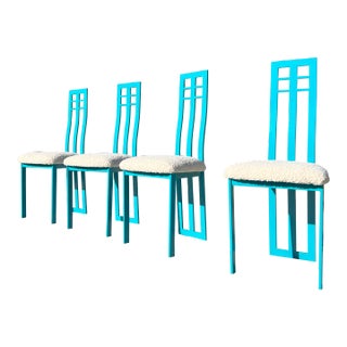 1980s Postmodern Metal Turquoise Tall High Back Dining Chairs with Boucle Seats, Restored- Set of 4 For Sale