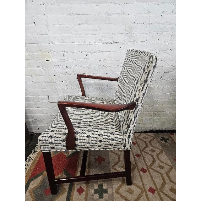 Danish accent chair with new upholstery. It features a contemporary geometric pattern fabric. It is perfectly sized for a...