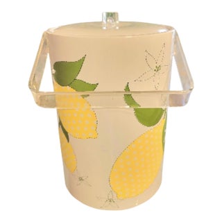 Vintage Stotter Yellow White Vinyl Lucite Handle Lemon Tall Ice Bucket Barware For Sale