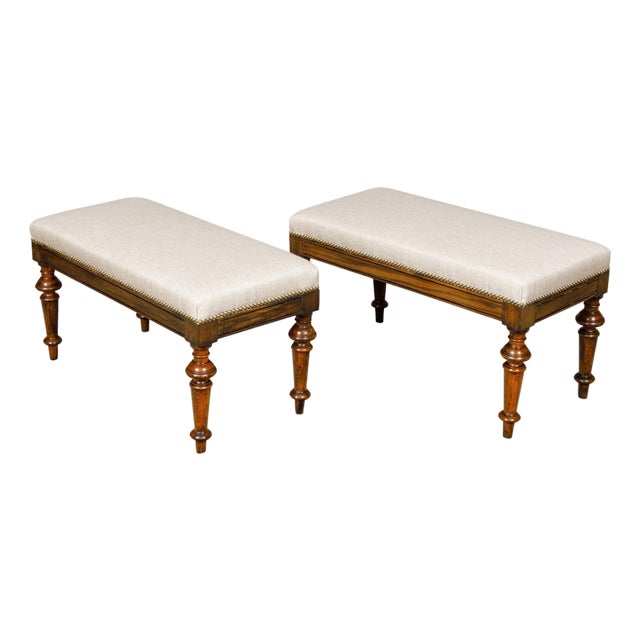 Pair of English 19th Century Oak Stools with Turned Legs and Custom Upholstery For Sale