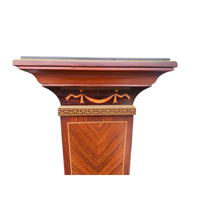 Late 20th Century Inlaid Wood Regency Pedestal Greek Key Brass Ormolu For Sale - Image 5 of 17