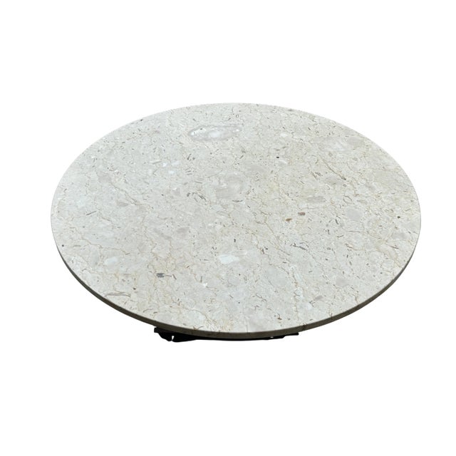 Wood Vintage Italian Marble Pedestal Coffee Table – Mid-Century Modern Round Ivory Stone Top With Sculptural Wood Base For Sale - Image 7 of 10