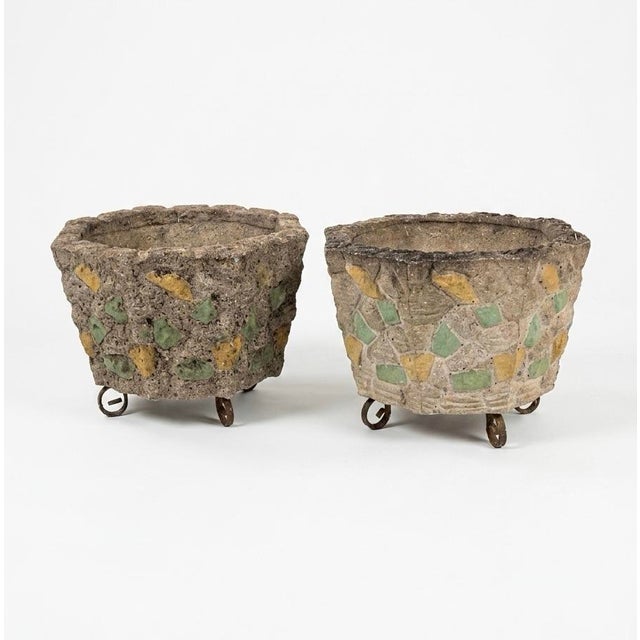 Pair of Mid-Century Brutalist Cast Stone Mosaic Planters For Sale - Image 4 of 9