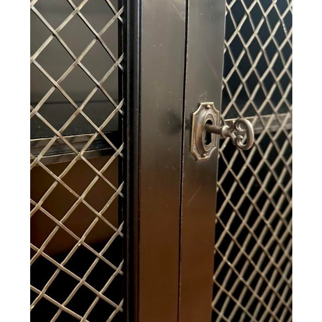 Wood Mid-Century Regency / Directoire Style Black & Gilt Painted Cabinet / Bookcase / Bar With Inset Wire Screen & Key, Attrib. To Baker Furniture For Sale - Image 7 of 12