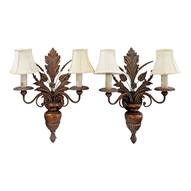 Pair of 1960s Fine Arts Company Wood and Metal Plant Urn Two Light Wall Sconces For Sale