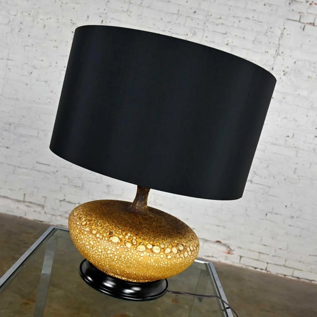 Mid Century Modern Lava Glazed Large Scale Squatty Table Lamp With Faux Silk Drum Shade For Sale - Image 4 of 13