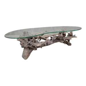 Mid Century Drift/Teak Root Live Edge Kidney Shape Glass Top Coffee Table