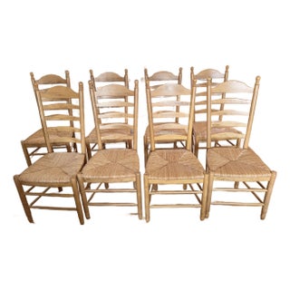 Set of 8 Vintage American Ladder-Back Dining Chairs With Rush Seats, Mid-Century For Sale
