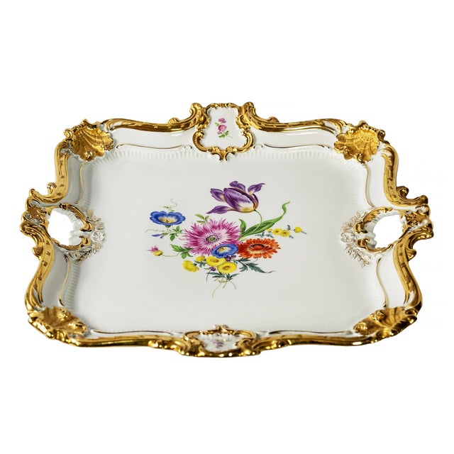 Large Meissen Porcelain serving plate/tray with hand painted floral motives and rich gold decor. Marked on the bottom....