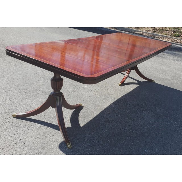 Regency Crossbanded Mahogany Satinwood Double Pedestal Extension Dining Table For Sale - Image 10 of 11