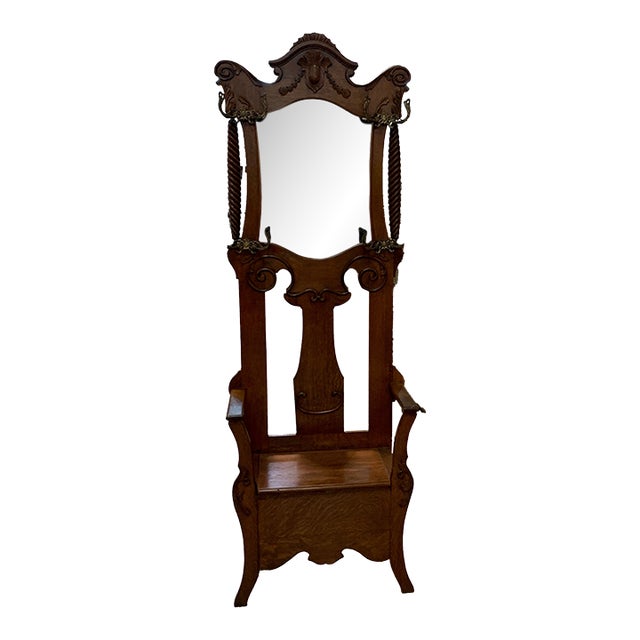 1900s Hall Tree With Original Brass Hooks, Mirror & Storage For Sale