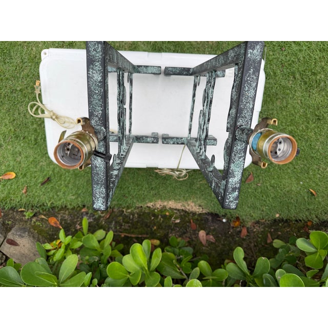 Vintage Large Postmodern Memphis Style Iron Table Lamps With Faux Verdigris Finish, Pair For Sale - Image 9 of 12