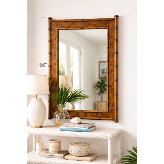 Late 20th Century Large Vintage Carved Wood Faux Bamboo Wall Mirror – Beveled Glass – Palm Beach Regency Coastal Statement (56”) For Sale - Image 5 of 5