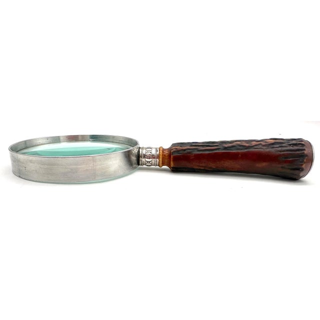 Glass Sterling-Mounted Carved Antler Magnifying Glass, Signed 'DULJARETT' Circa 1900 For Sale - Image 7 of 11