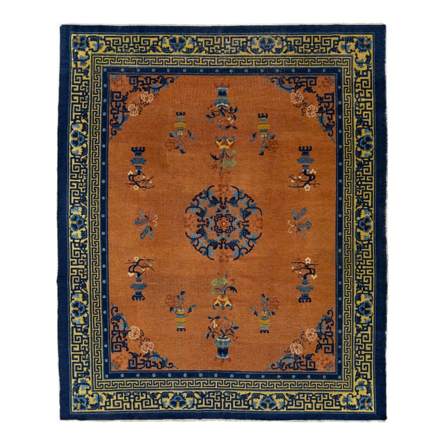 Room Size Antique Chinese Wool Rug in Warm Brown With Mythical Motifs For Sale