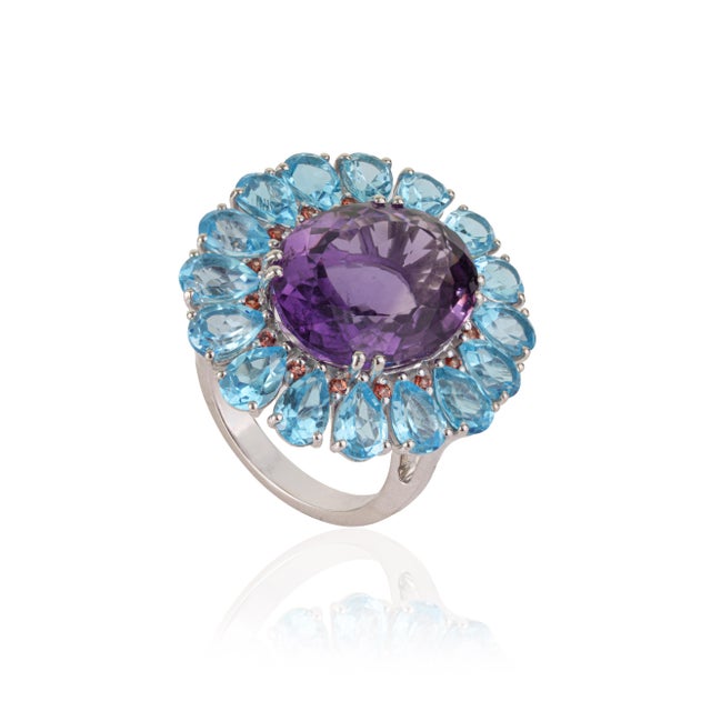 Contemporary Celestial Amethyst Blue Topaz & Orange Sapphire Sterling Silver Cocktail Ring Size 7.5 For Sale - Image 3 of 12