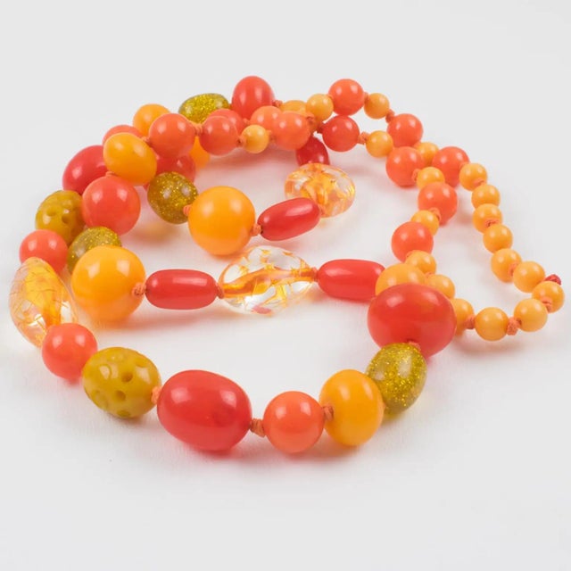 Bakelite and Lucite Long Necklace Sunny Yellow and Orange Colors For Sale - Image 11 of 15