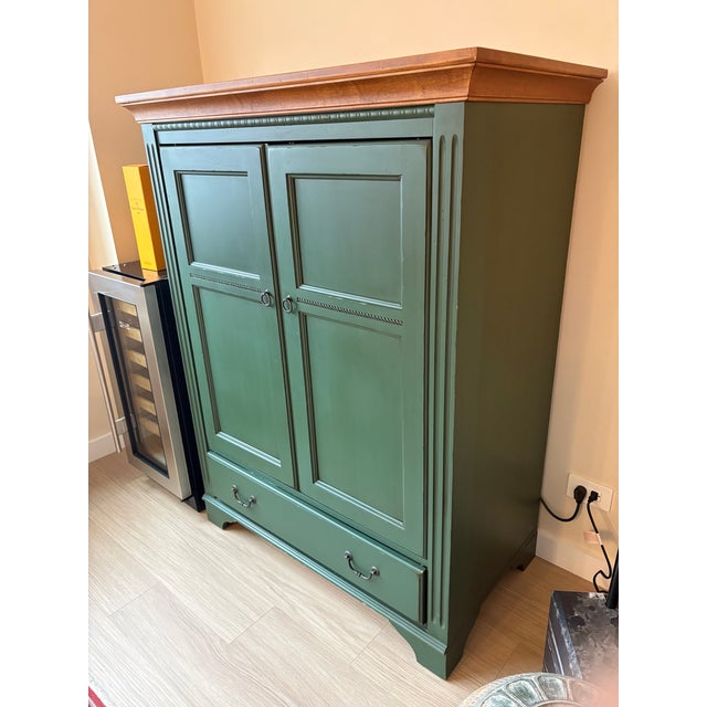 Traditional Painted Wood Armoire in Sage Green With Natural Wood Crowm For Sale In New York - Image 6 of 6