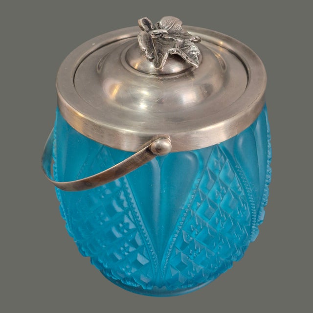Metal Antique Victorian Blue Frosted Satin Glass Silver Plated Lid Handle Biscuit Jar For Sale - Image 7 of 11