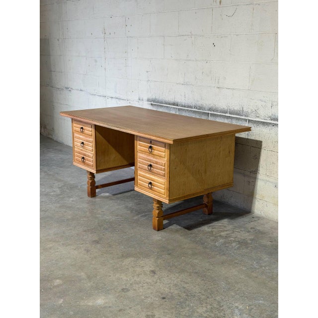 Mid-Century Modern In Style of Henning Kjærnulf Oak Executive Desk With 6 Drawers Open Bookshelf Denmark Mid-Century Modern 1960s For Sale - Image 3 of 13