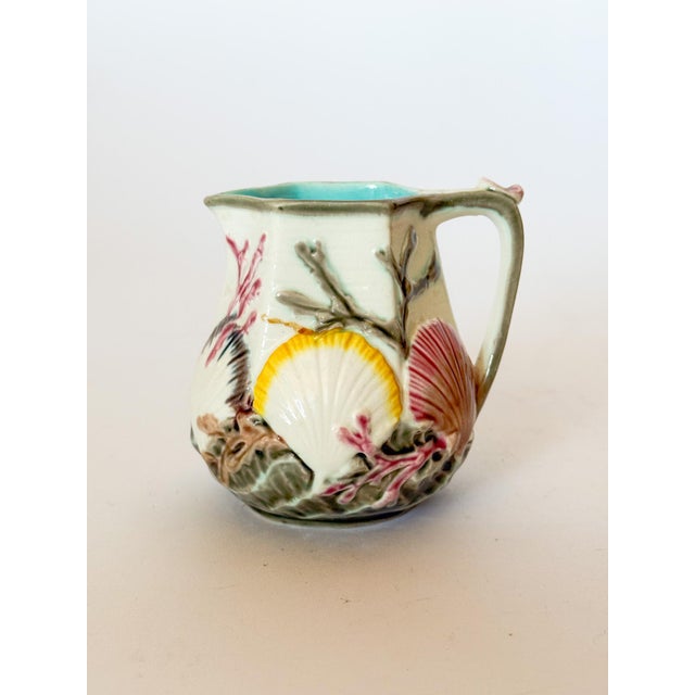Cream Antique Wedgwood Majolica Seashell Creamer Pitcher – Turquoise Interior, Victorian Seaweed Pattern (C. 1870s) For Sale - Image 8 of 10