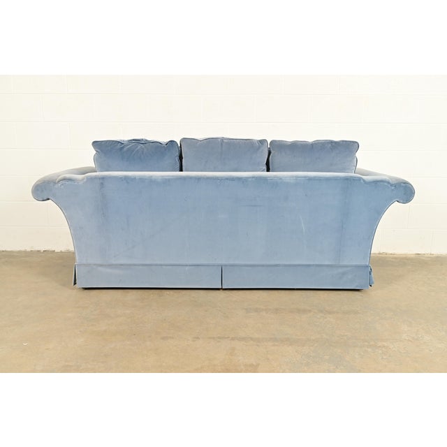 Baker Furniture Blue Velvet Upholstered Roll Arm Sofa For Sale - Image 11 of 13