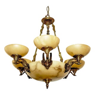Italian NeoClassical Swan Motif Bronze & Alabaster 6 Arm Chandelier For Sale