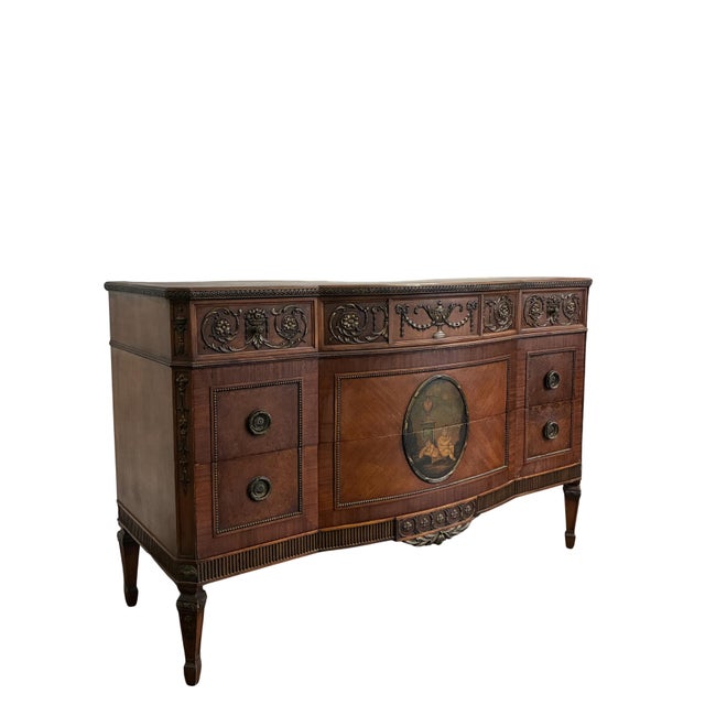 Neoclassical Early 20th Century Neoclassical Mahogany Sideboard With Hand-Painted Oval Medallion & Bronze Ormolu For Sale - Image 3 of 12