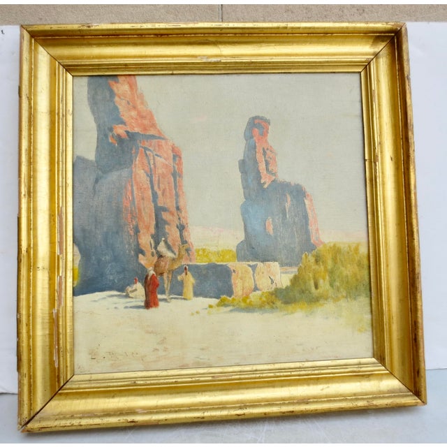 Beautifully painted scene of an Egyptian scene of massive desert monuments, at the time of sunrise. Oil washes on wooden...