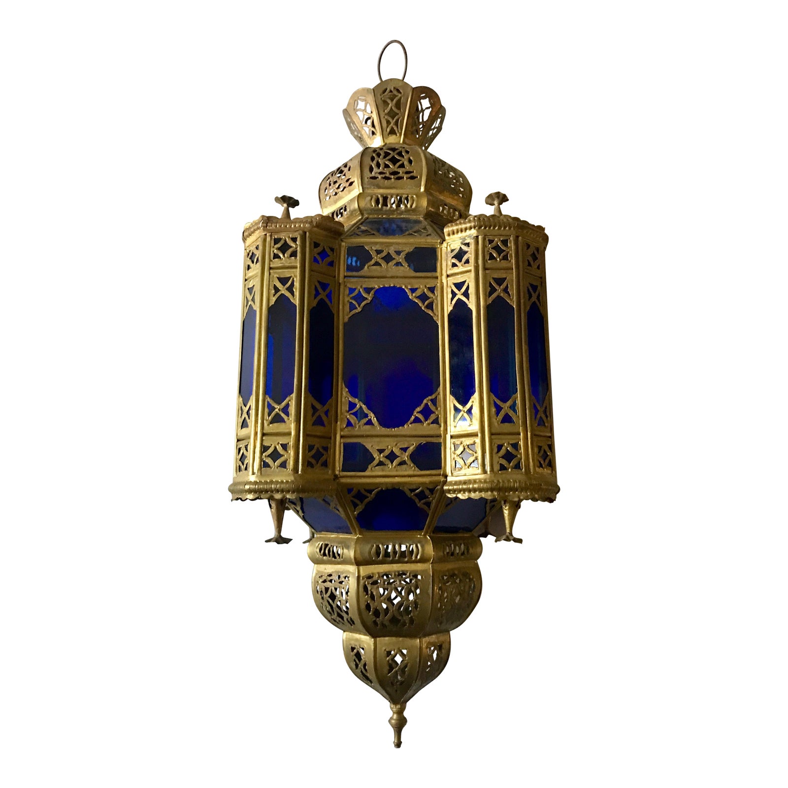Moroccan Brass And Blue Glass Lantern Chairish
