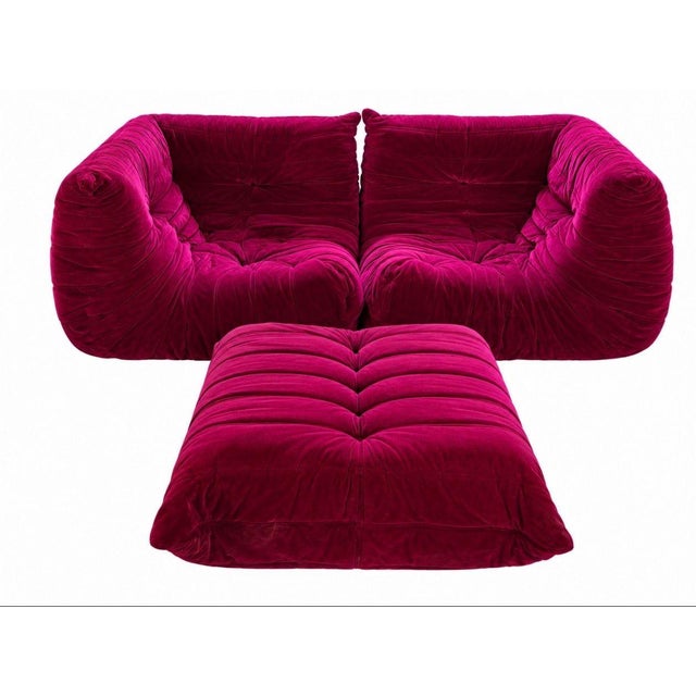 Michel Ducaroy for Ligne Roset “Togo” Sofa & Ottoman Magenta Velvet, France 1973. Magenta velvet is in beautiful condition...