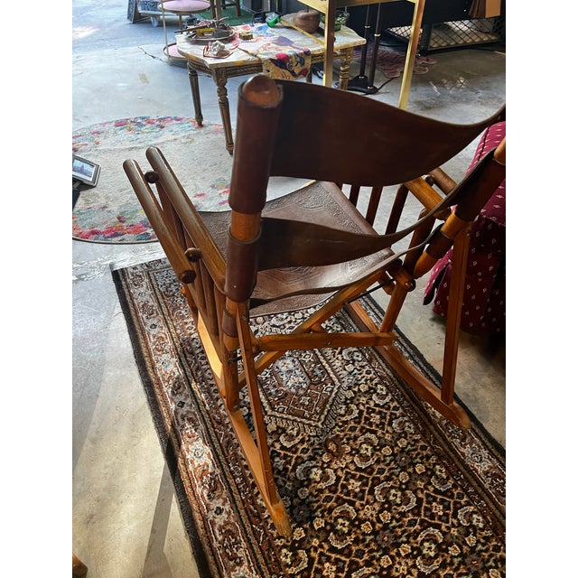 Rustic European Wooden and Leather Handmade Rocking Chair With Costa Rica Birds Design For Sale - Image 3 of 12