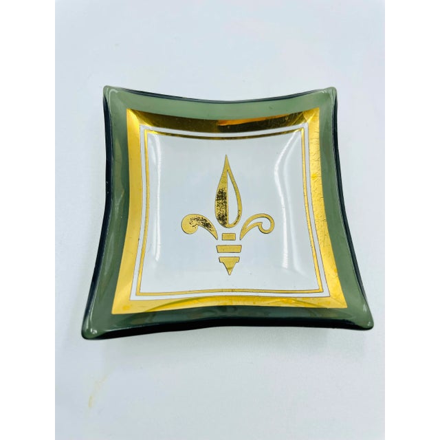 Vintage “Card Mates” Smoke Glass & Gold Leaf "Fleur De Lis" Petite Cocktail or Trinket Trays- Set of 4 For Sale - Image 4 of 9