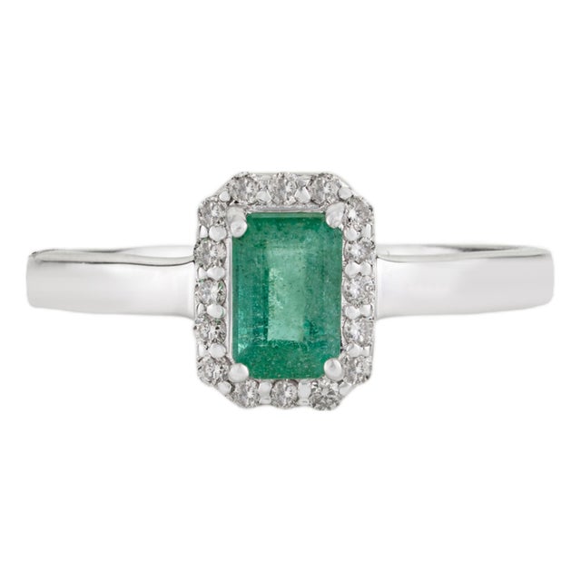 Modern Inspired 0.56 Carat Emerald Diamond Halo Statement Ring, Size 8.5 For Sale