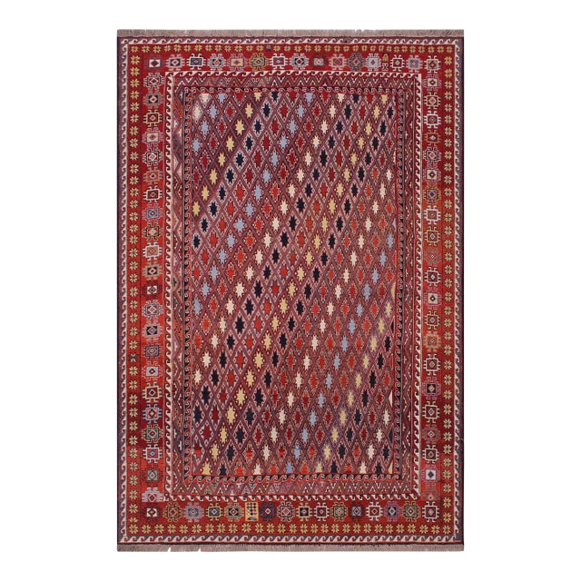 Antique Soumak Rust/Blue Wool Rug - 5'7'' X 7'10'' For Sale