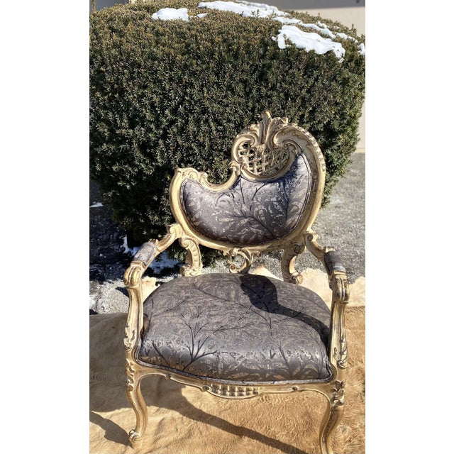 This gorgeous unique baroque armchair has a beautiful "Gobelins" gray satin fabric with pattern and decorations of...