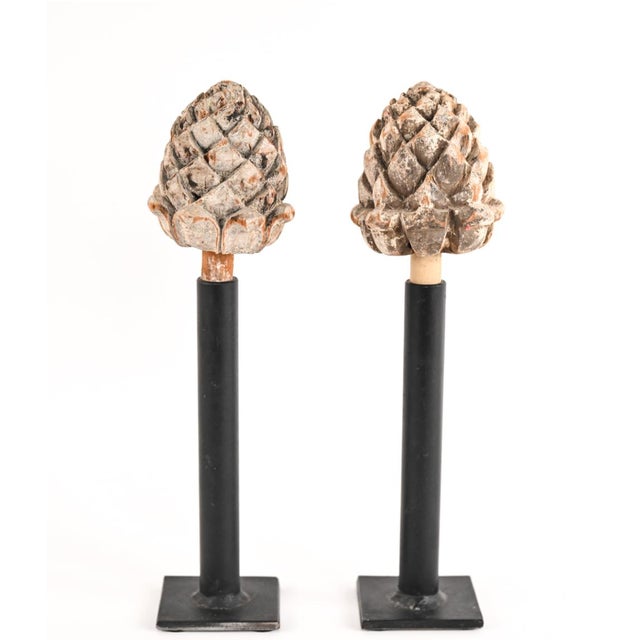 Brown Antique Carved Wooden Architectural-Salvaged Artichoke Finials—A Pair For Sale - Image 8 of 9